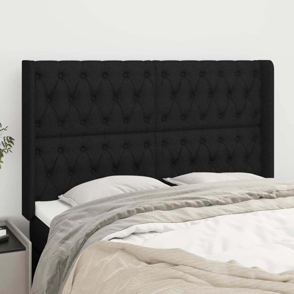 Hoofdbord met randen 147x16x118/128 cm stof zwart