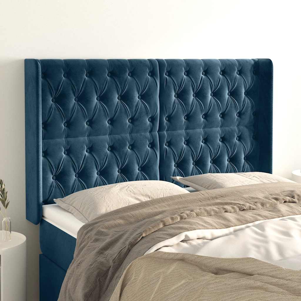 Hoofdbord met randen 147x16x118/128 cm fluweel donkerblauw – afbeelding 1