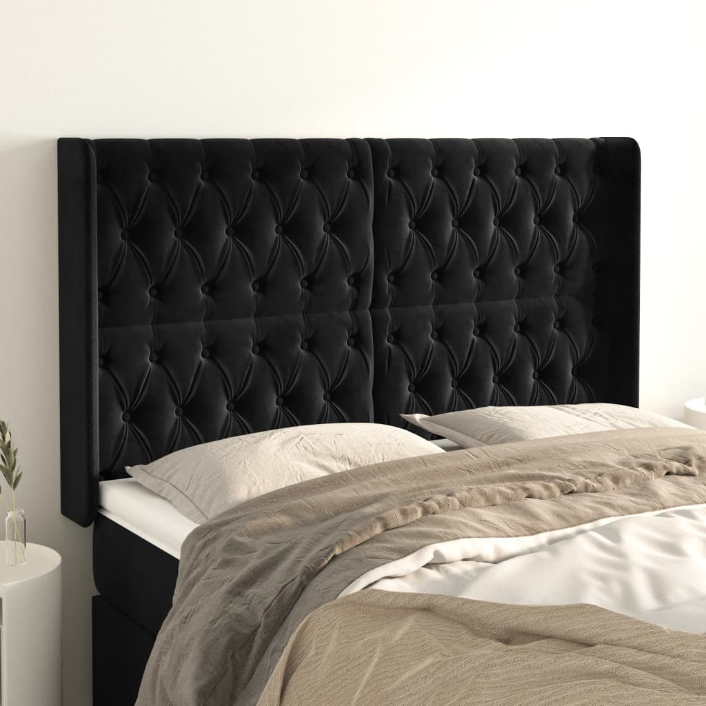 Hoofdbord met randen 163x16x118/128 cm fluweel zwart – afbeelding 1
