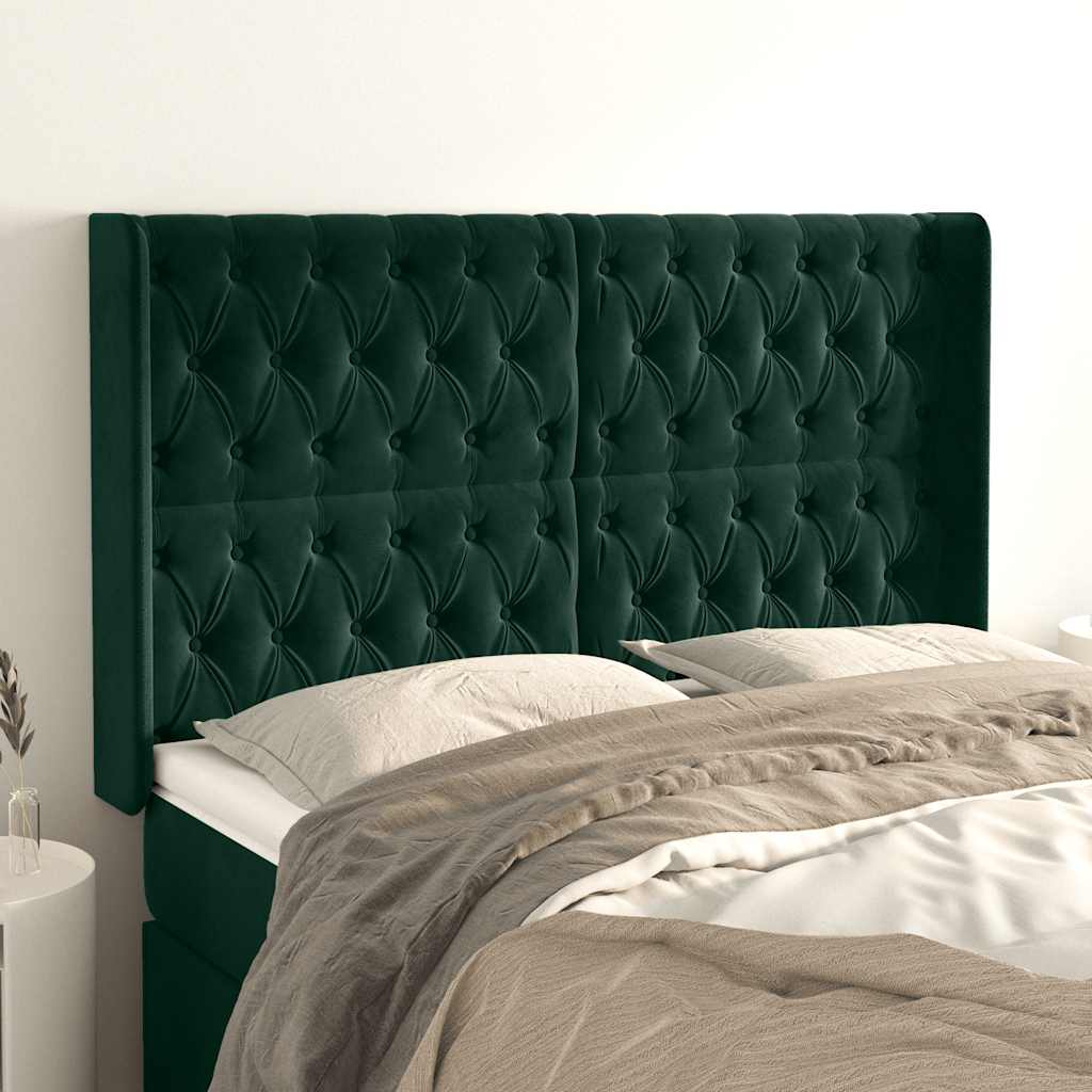 Hoofdbord met randen 163x16x118/128 cm fluweel donkergroen – afbeelding 1