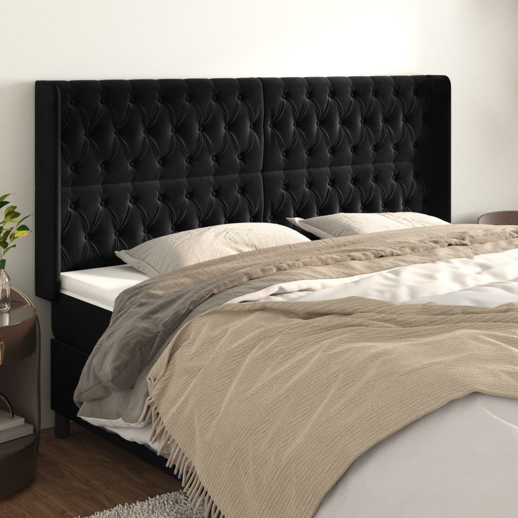 Hoofdbord met randen 203x16x118/128 cm fluweel zwart – afbeelding 1