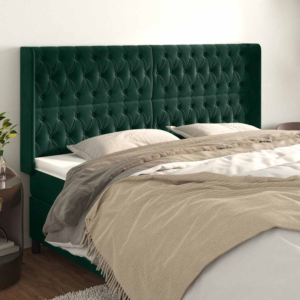 Hoofdbord met randen 203x16x118/128 cm fluweel donkergroen – afbeelding 1