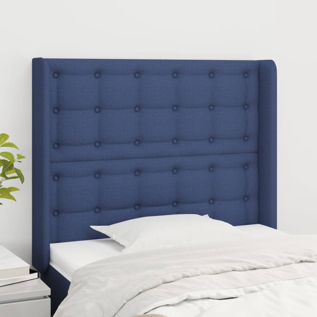 Hoofdbord met randen 103x16x118/128 cm stof blauw – afbeelding 1
