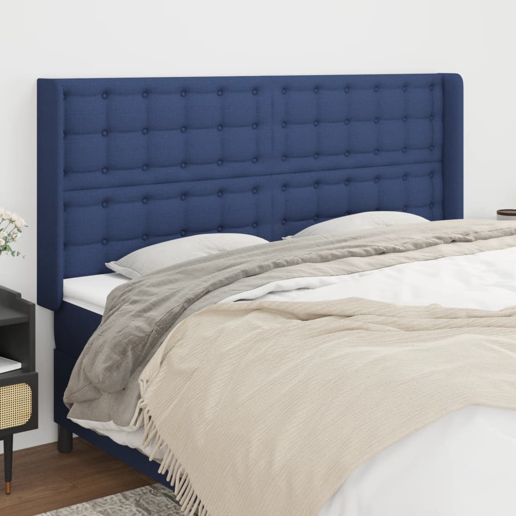 Hoofdbord met randen 203x16x118/128 cm stof blauw