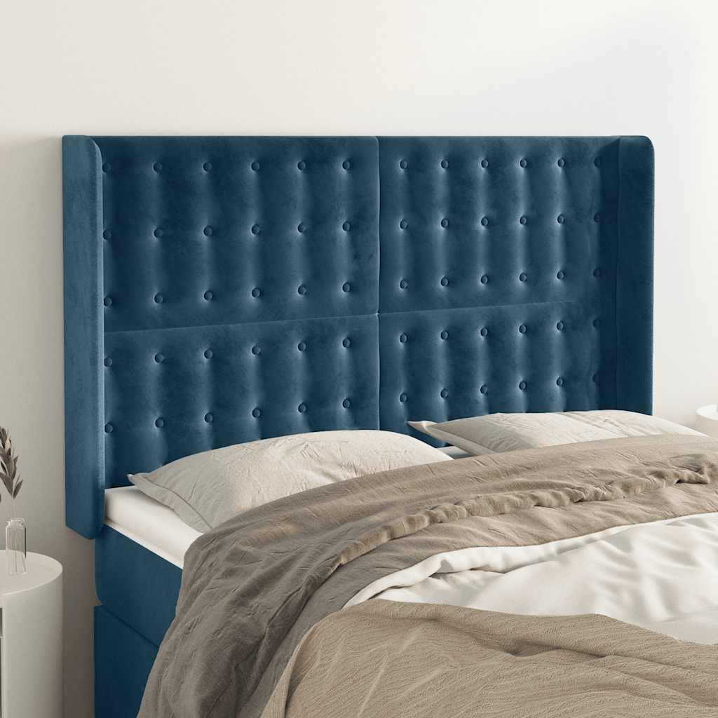 Hoofdbord met randen 147x16x118/128 cm fluweel donkerblauw – afbeelding 1