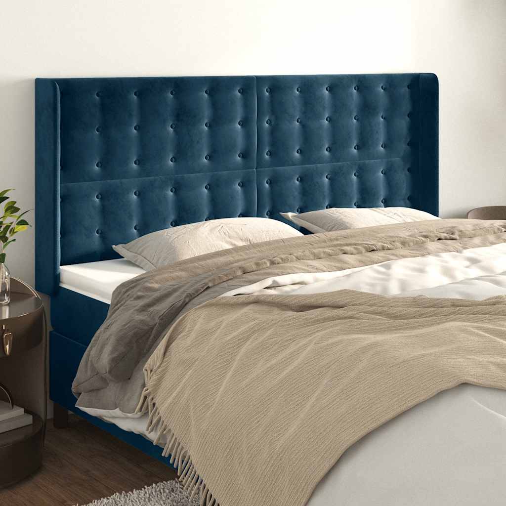 Hoofdbord met randen 203x16x118/128 cm fluweel donkerblauw – afbeelding 1