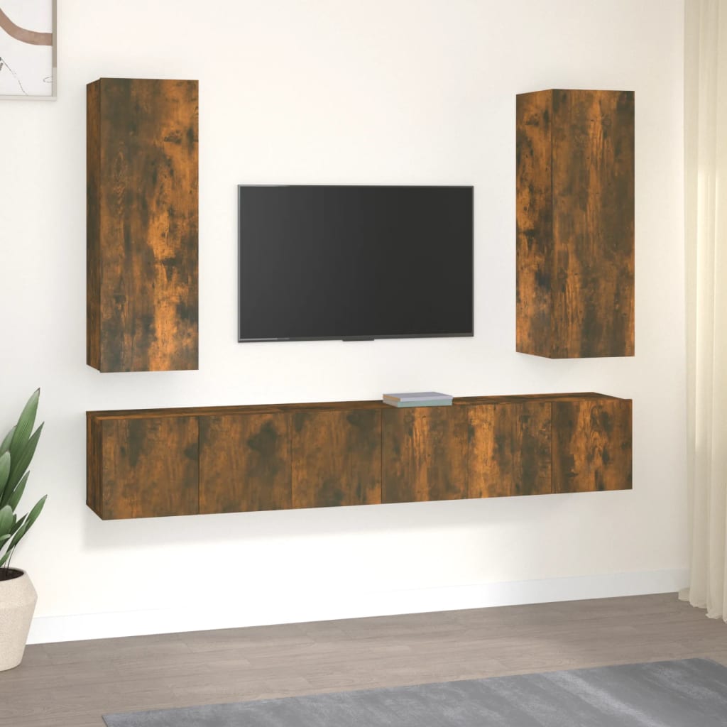 5-delige Tv-meubelset bewerkt hout gerookt eikenkleurig – afbeelding 1