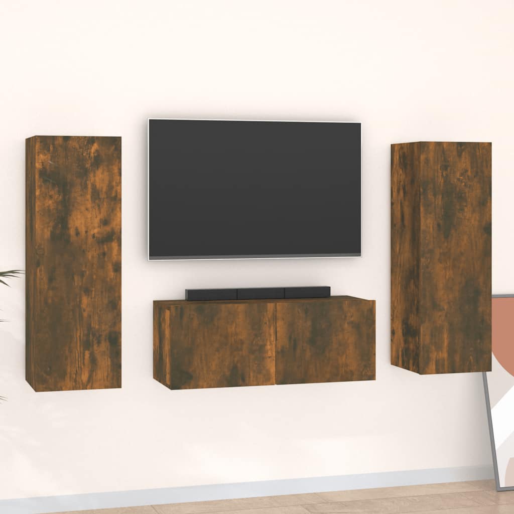3-delige Tv-meubelset bewerkt hout gerookt eikenkleurig