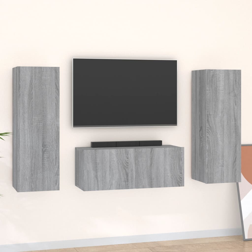 3-delige Tv-meubelset bewerkt hout grijs sonoma eikenkleurig