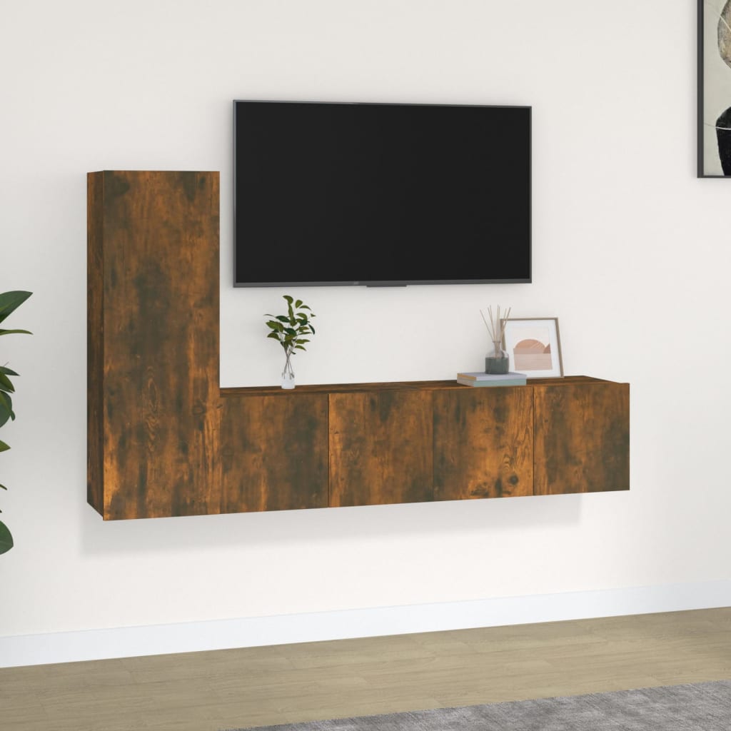 3-delige Tv-meubelset bewerkt hout gerookt eikenkleurig