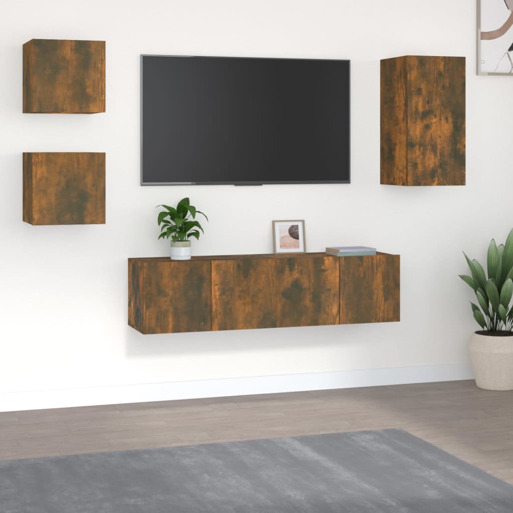 5-delige Tv-meubelset bewerkt hout gerookt eikenkleurig – afbeelding 1
