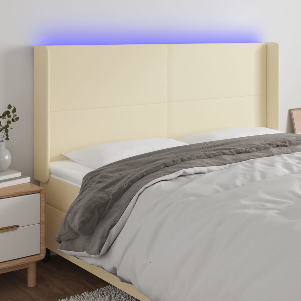 Hoofdbord LED 183x16x118/128 cm kunstleer crèmekleurig – afbeelding 1