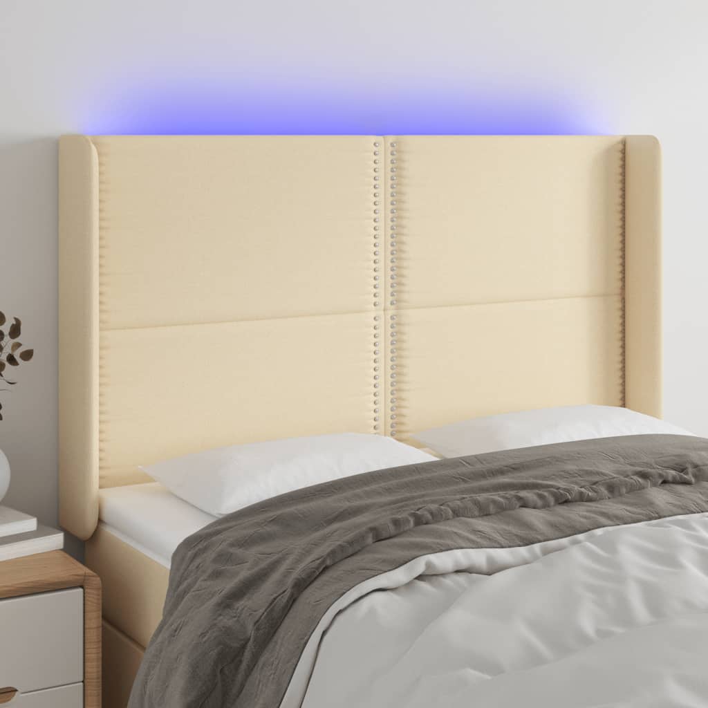 Hoofdbord LED 147x16x118/128 cm stof crèmekleurig – afbeelding 1