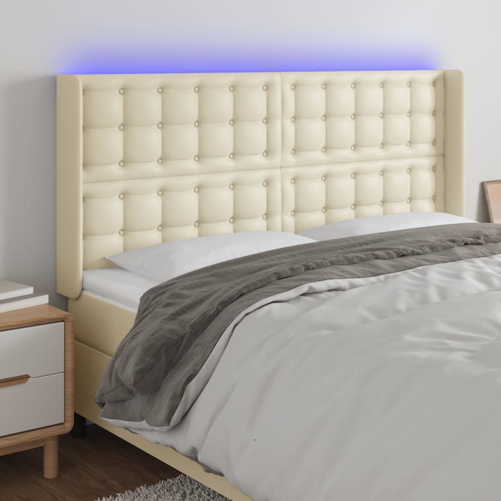 Hoofdbord LED 163x16x118/128 cm kunstleer crèmekleurig