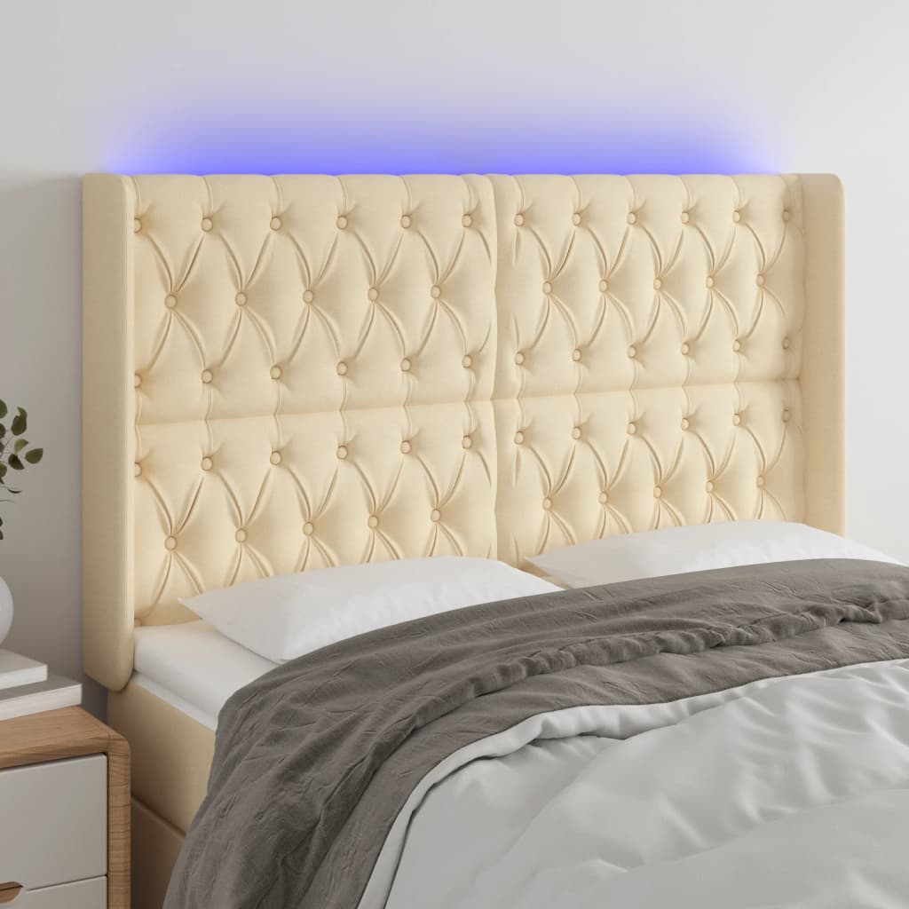 Hoofdbord LED 163x16x118/128 cm stof crèmekleurig – afbeelding 1