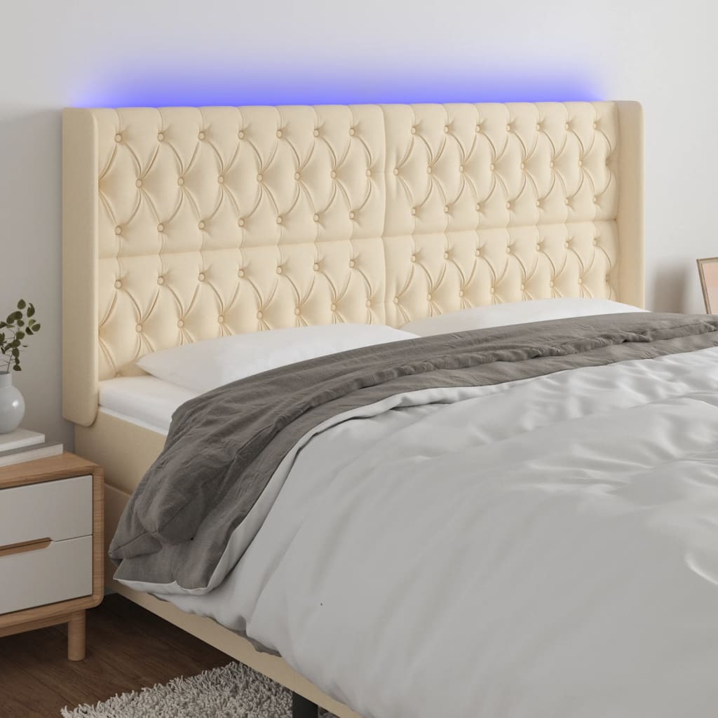 Hoofdbord LED 203x16x118/128 cm stof crèmekleurig