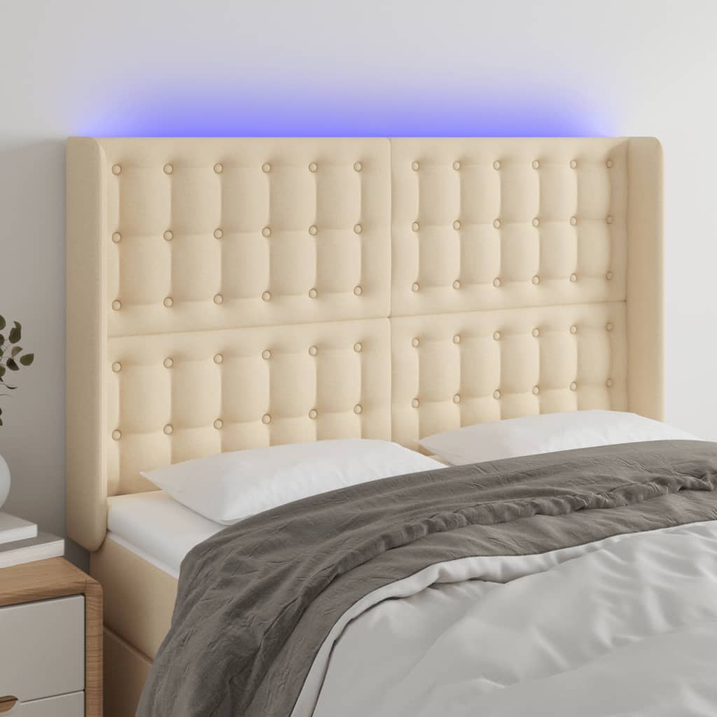 Hoofdbord LED 147x16x118/128 cm stof crèmekleurig – afbeelding 1