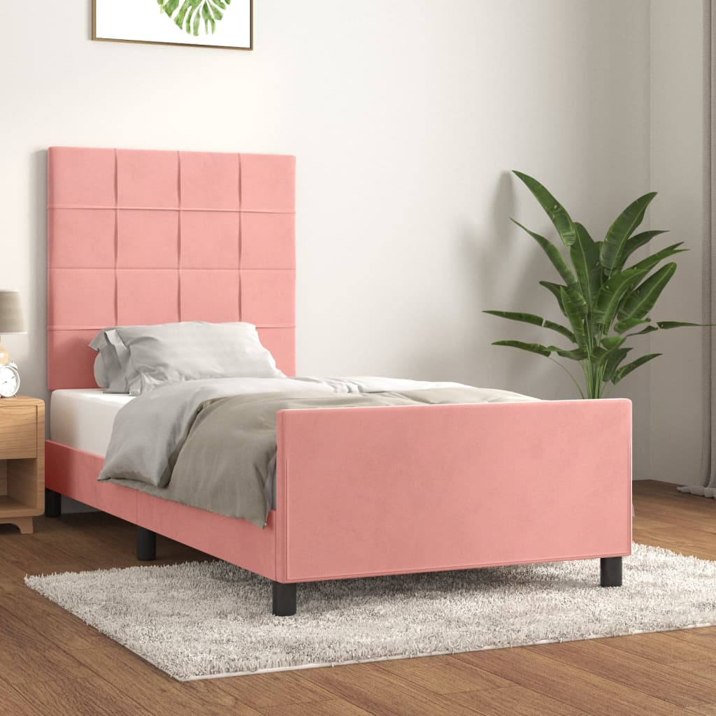 Bedframe met hoofdeinde fluweel roze 90x200 cm – afbeelding 1