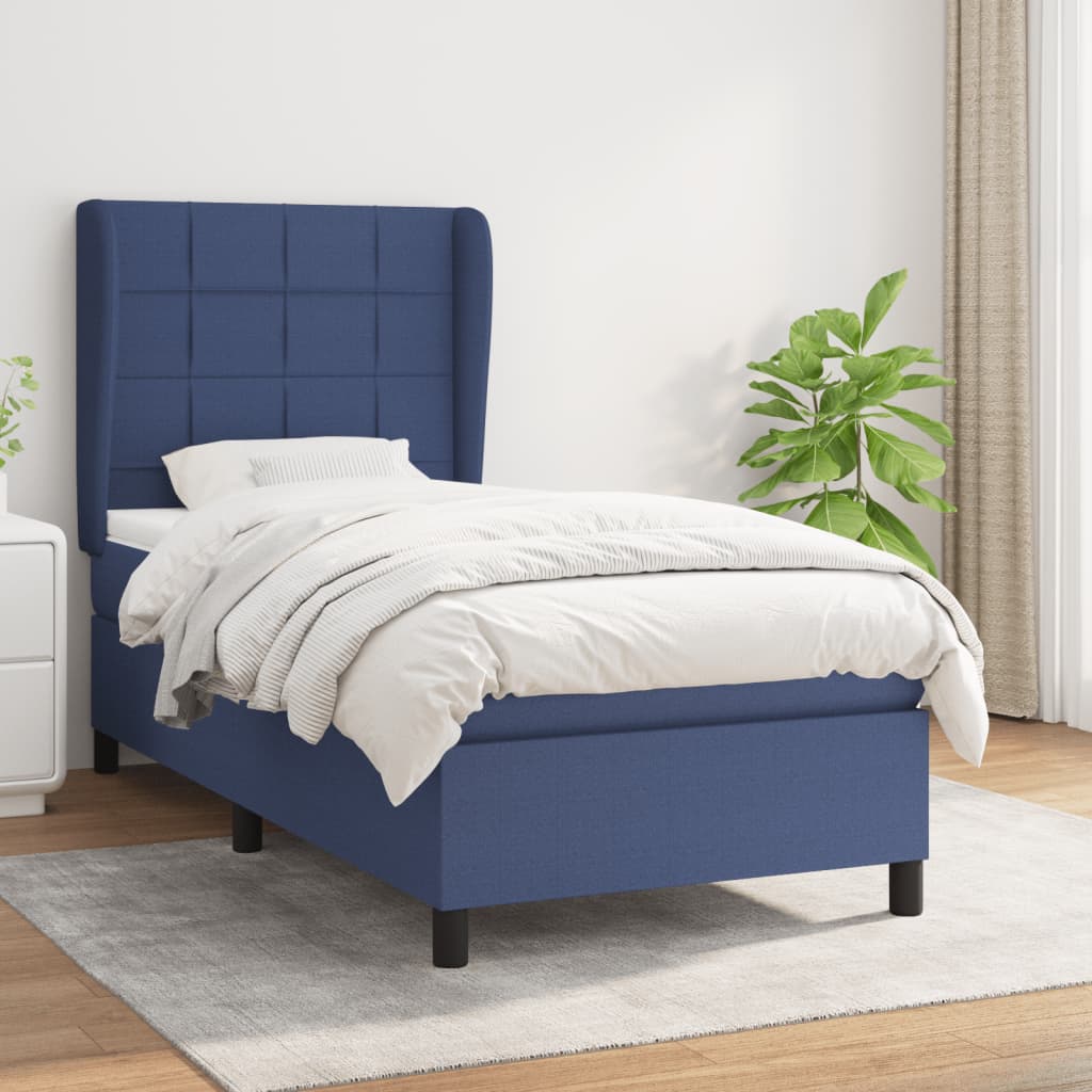 Boxspring met matras stof blauw 90x190 cm – afbeelding 1