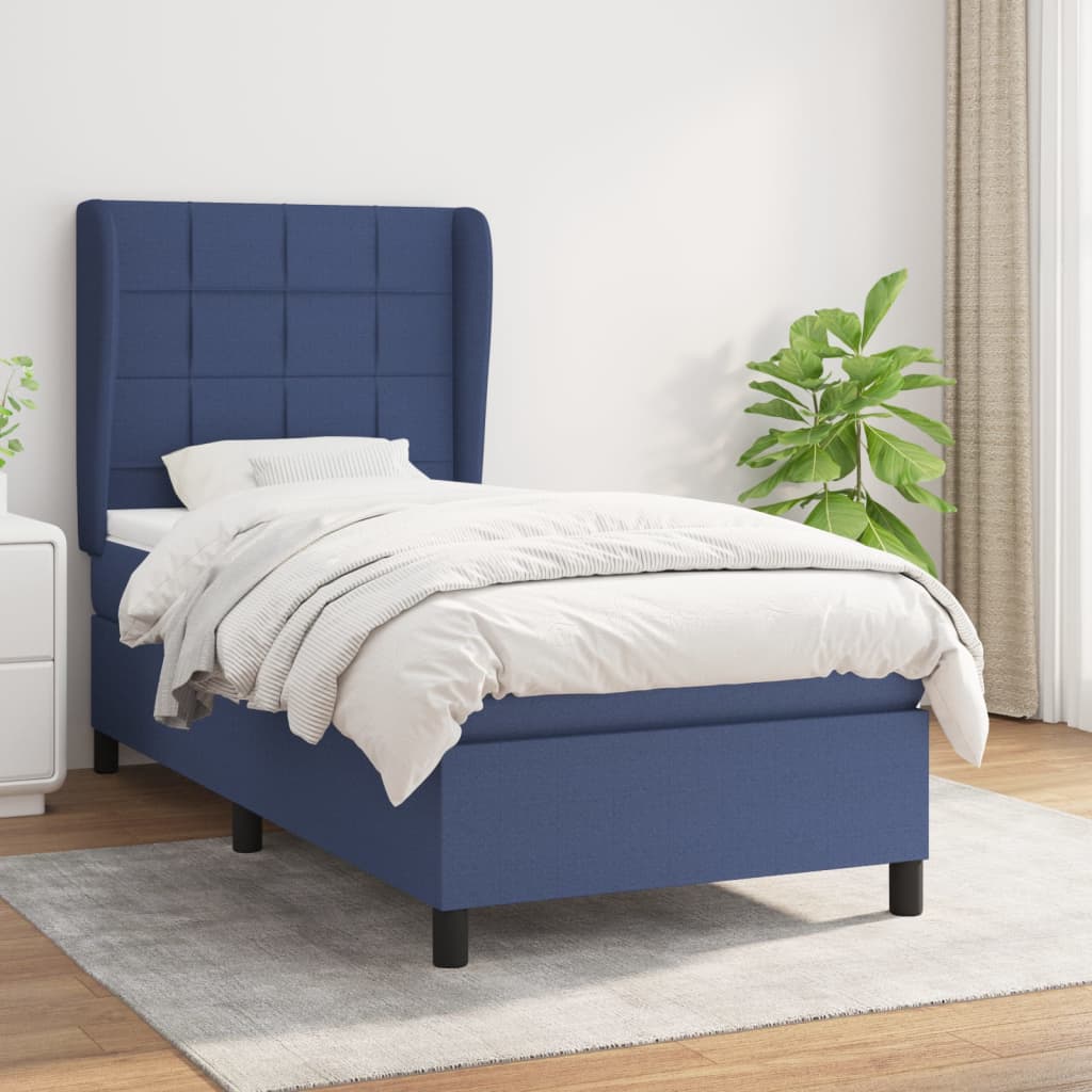 Boxspring met matras stof blauw 90x200 cm – afbeelding 1