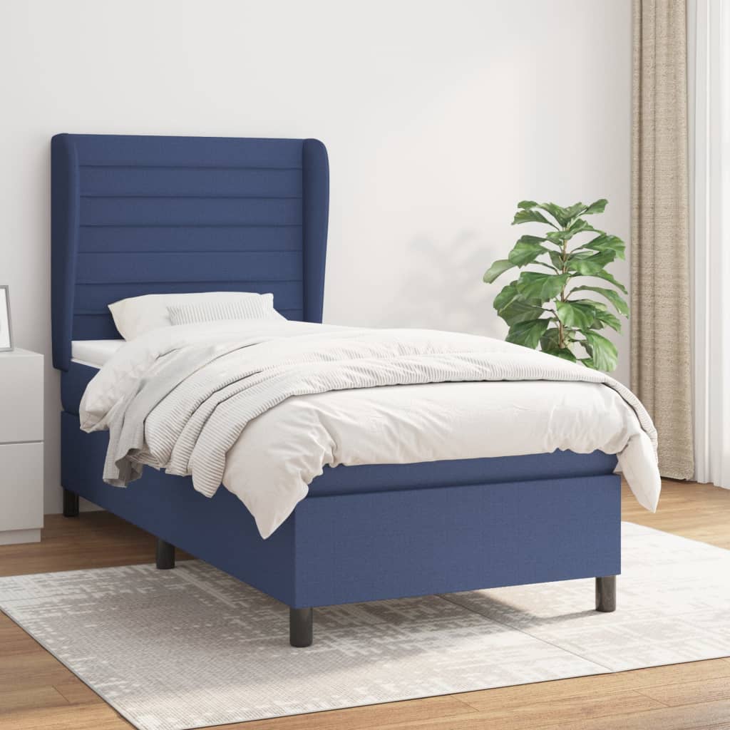 Boxspring met matras stof blauw 90x190 cm – afbeelding 1