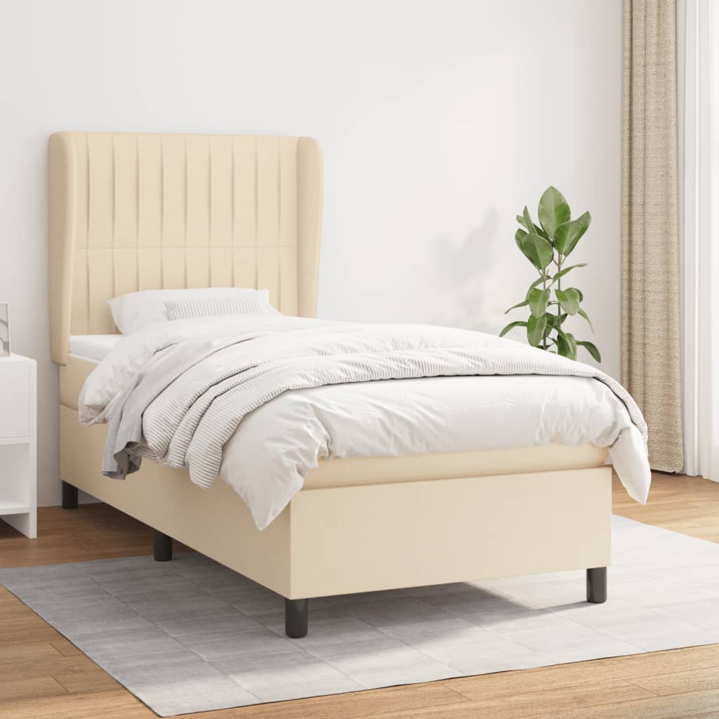 Boxspring met matras stof crèmekleurig 90x200 cm – afbeelding 1