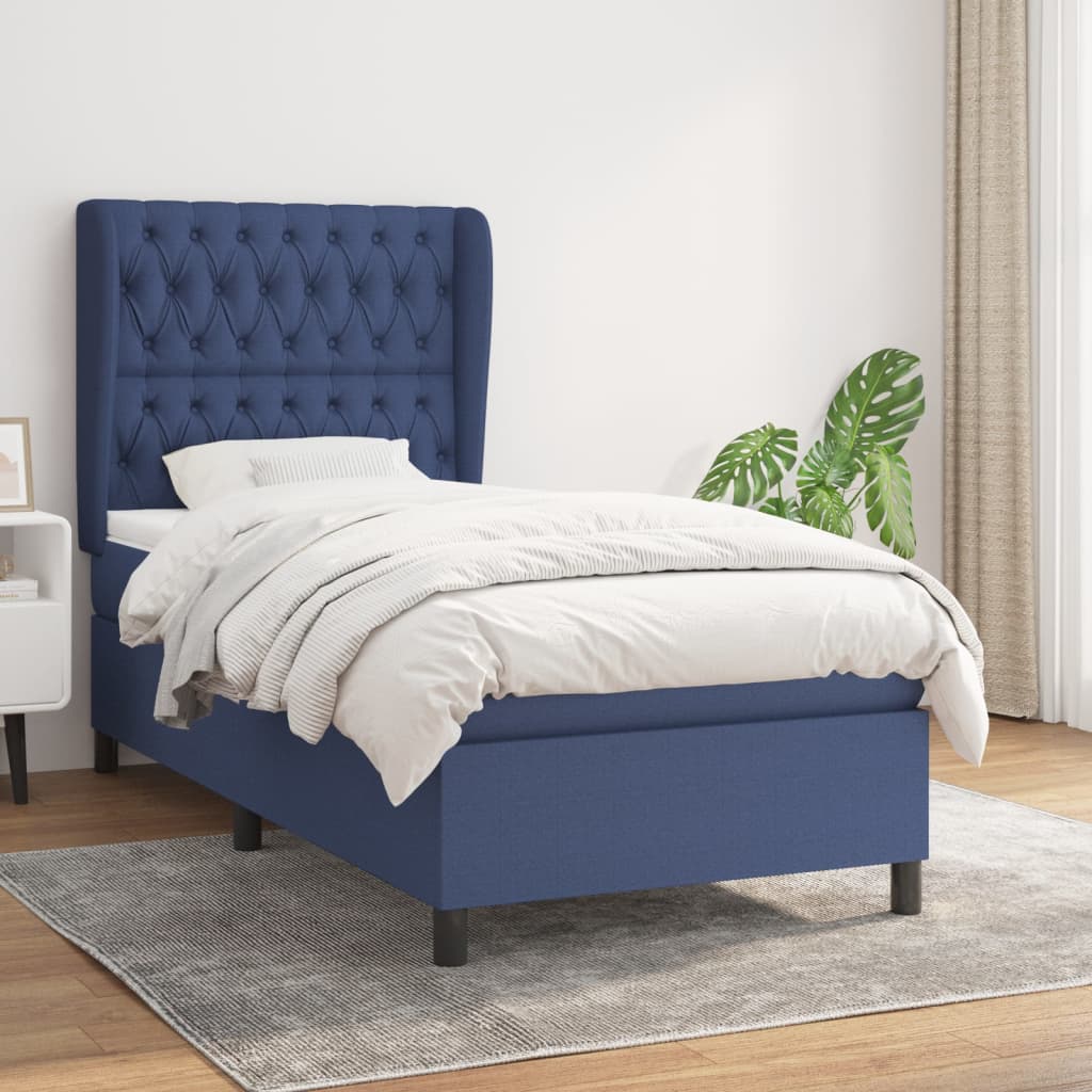 Boxspring met matras stof blauw 90x200 cm – afbeelding 1