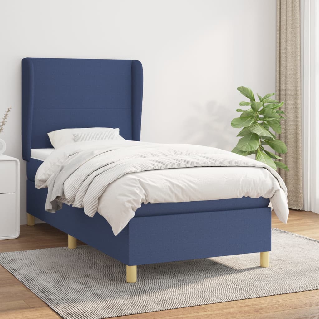 Boxspring met matras stof blauw 90x190 cm – afbeelding 1