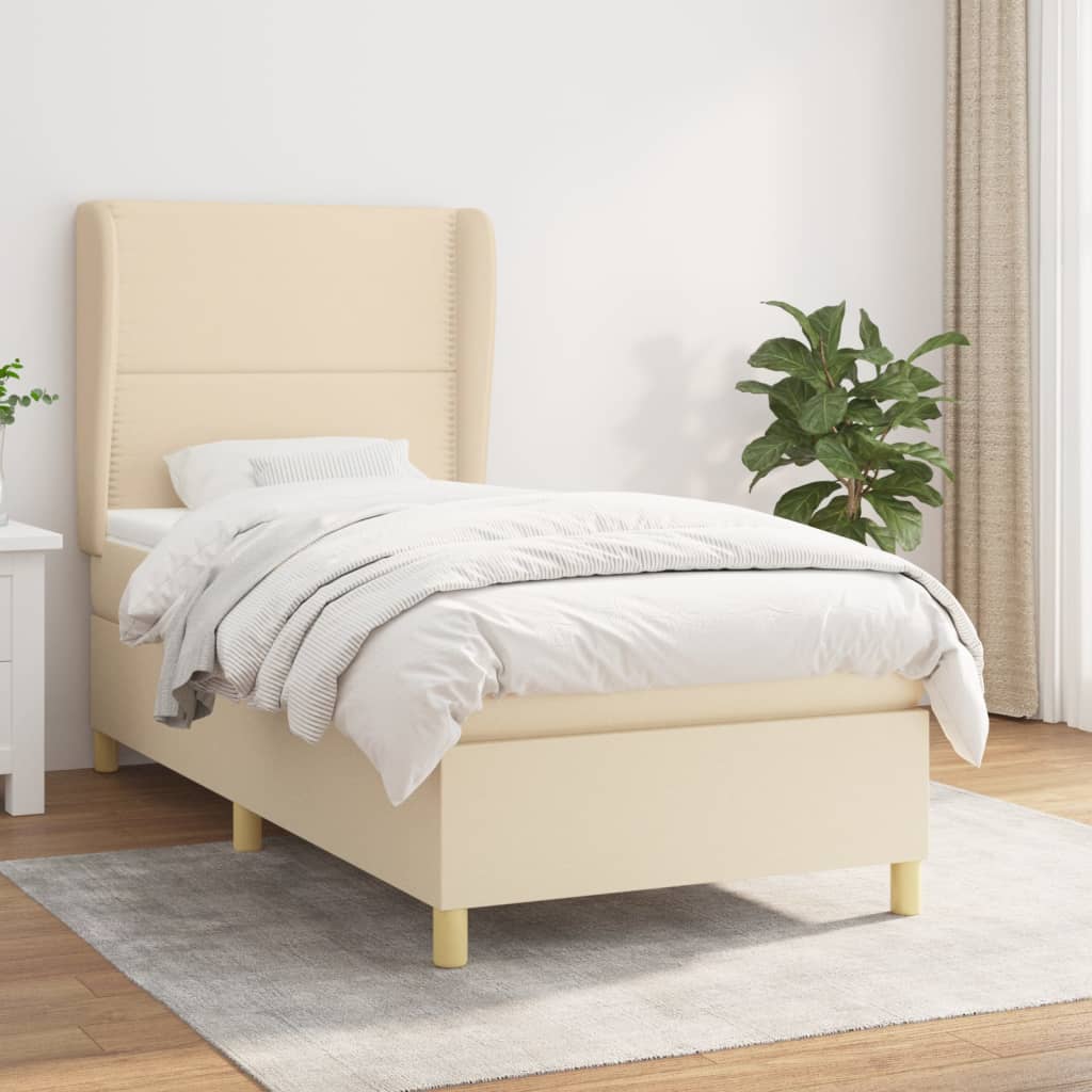 Boxspring met matras stof crèmekleurig 90x200 cm – afbeelding 1