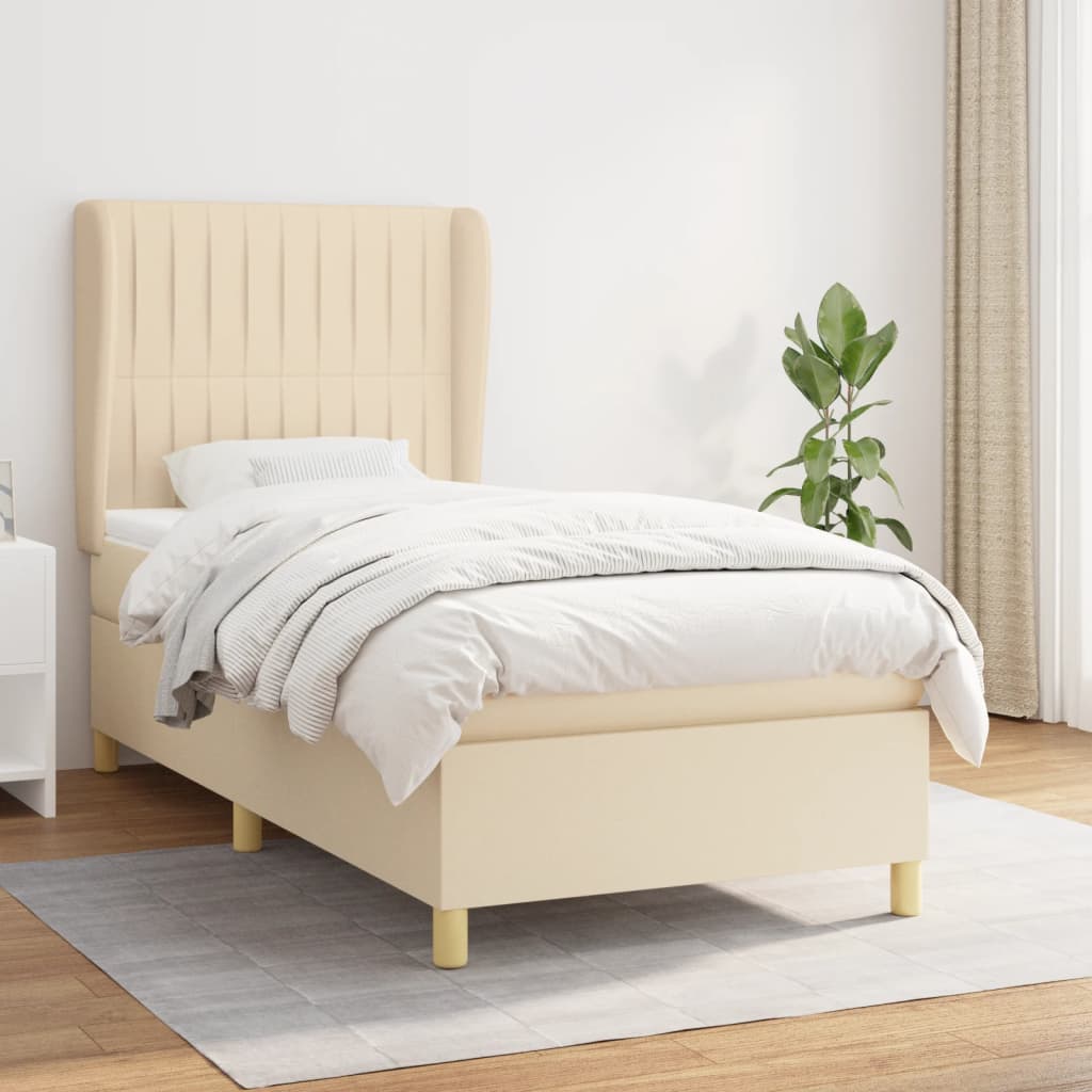 Boxspring met matras stof crèmekleurig 90x200 cm – afbeelding 1