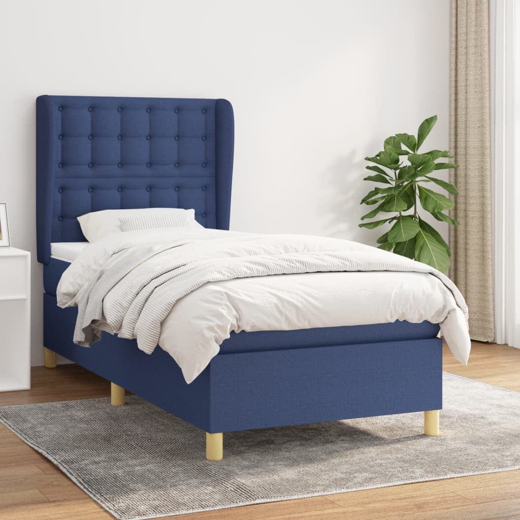 Boxspring met matras stof blauw 90x190 cm – afbeelding 1