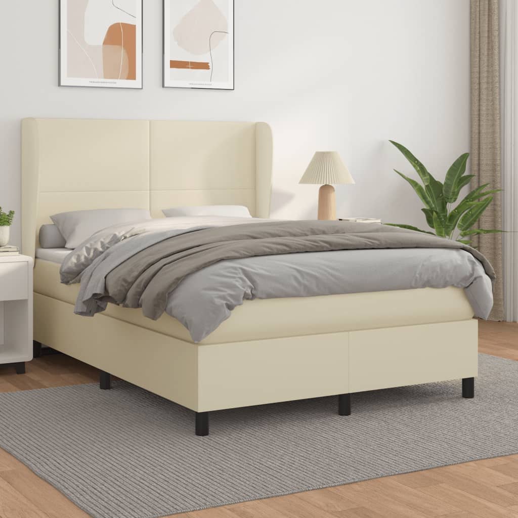 Boxspring met matras kunstleer crèmekleurig 140x190 cm – afbeelding 1