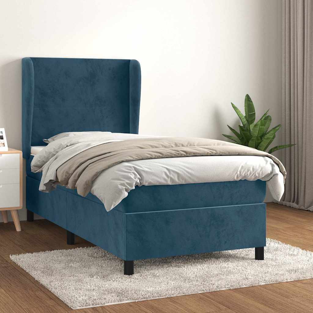 Boxspring met matras fluweel donkerblauw 90x190 cm – afbeelding 1