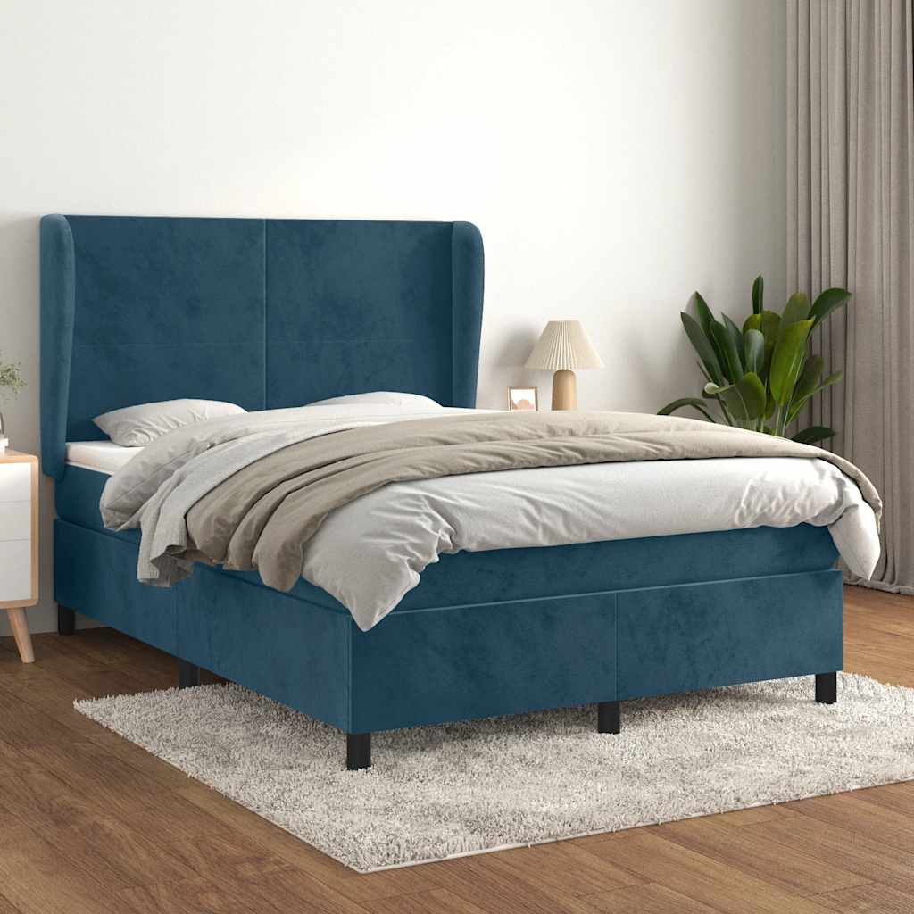 Boxspring met matras fluweel donkerblauw 140x190 cm – afbeelding 1