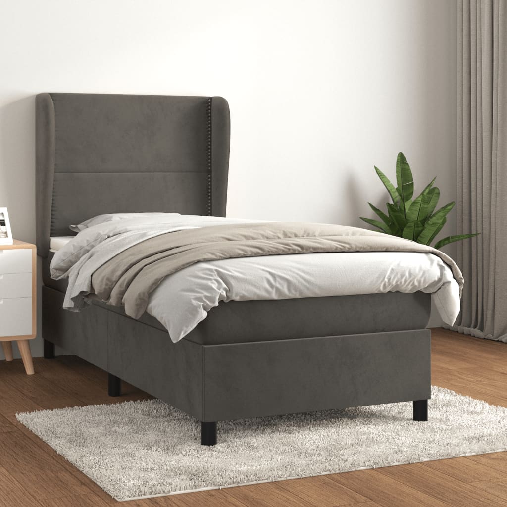 Boxspring met matras fluweel donkergrijs 90x190 cm – afbeelding 1