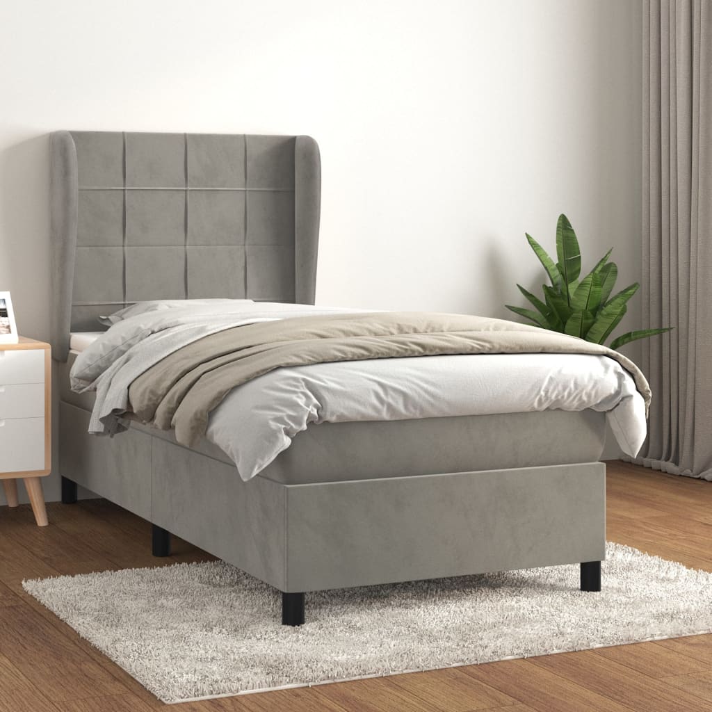 Boxspring met matras fluweel lichtgrijs 90x190 cm – afbeelding 1