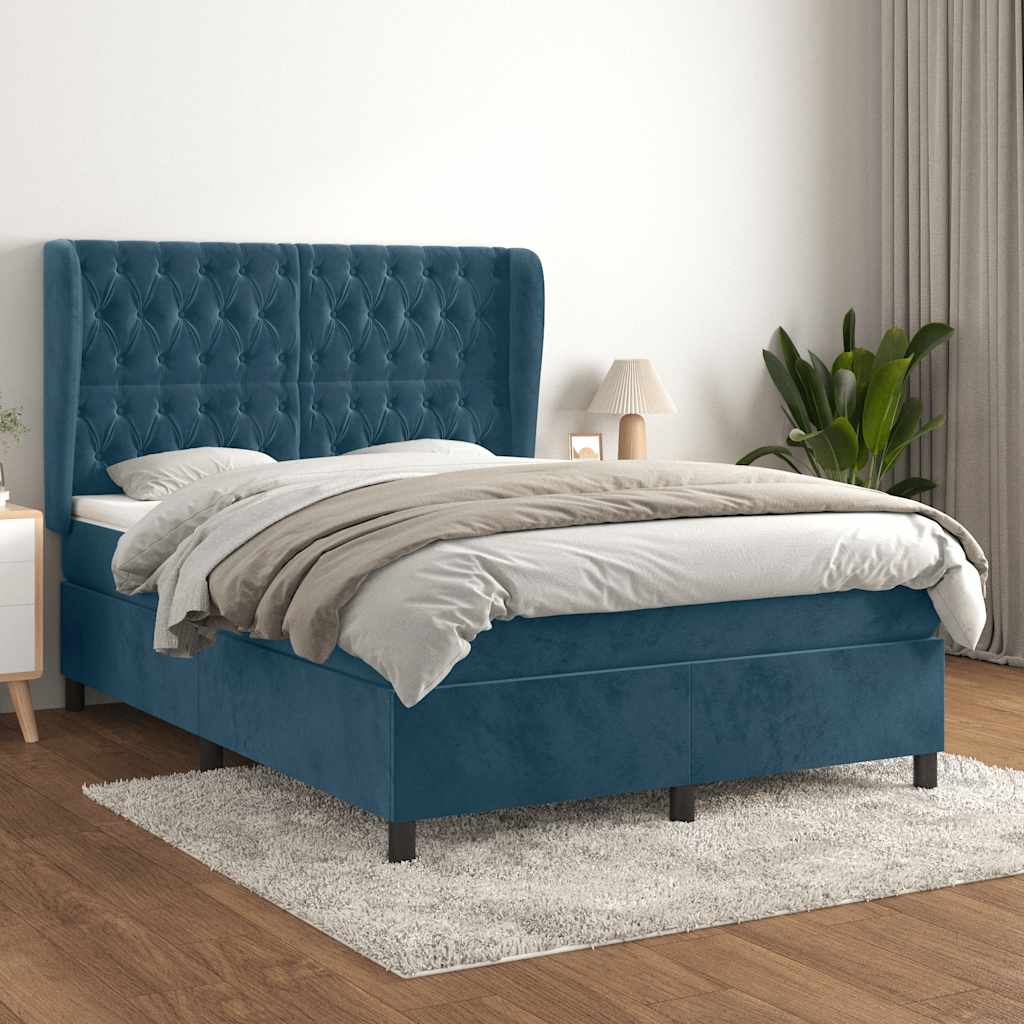 Boxspring met matras fluweel donkerblauw 140x190 cm – afbeelding 1