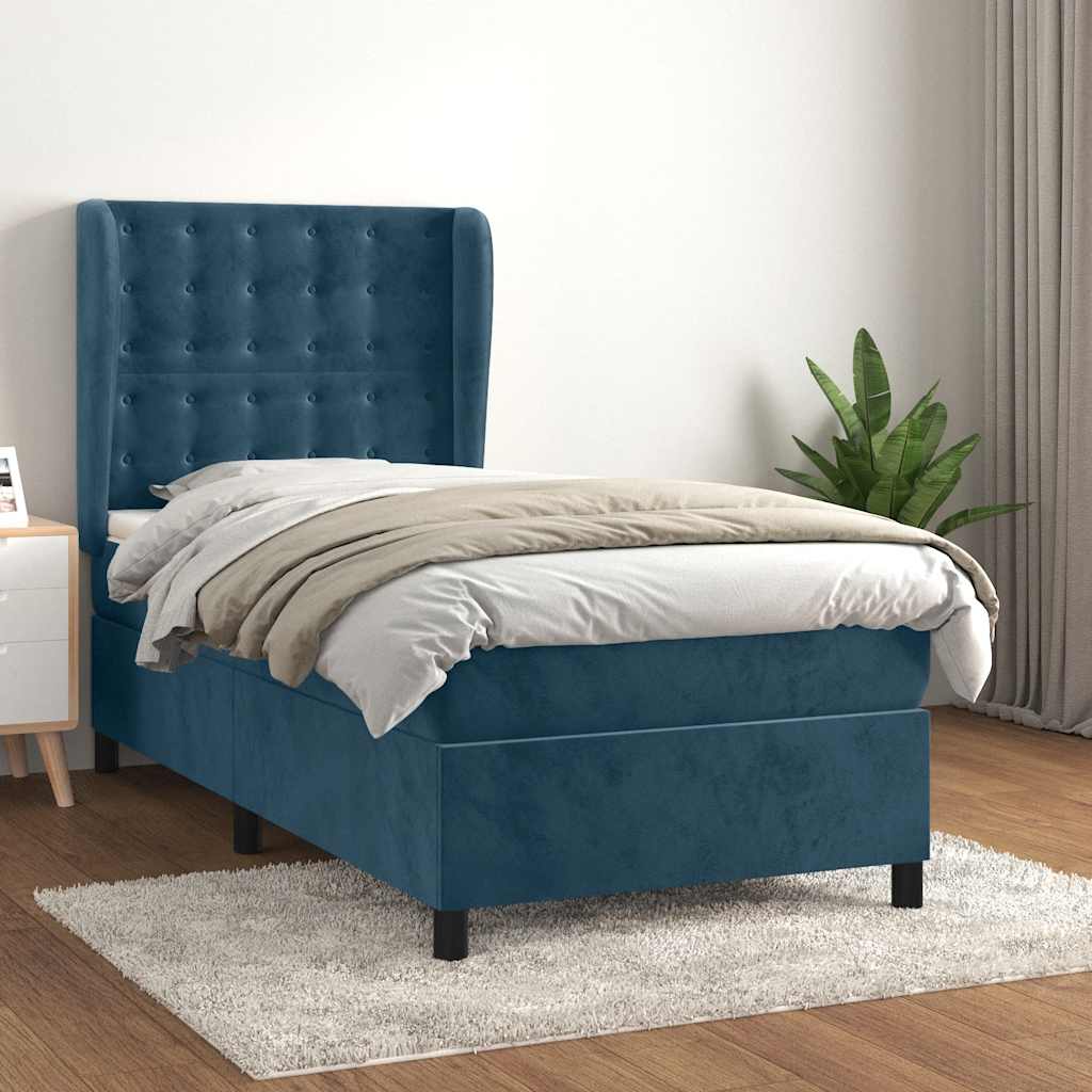Boxspring met matras fluweel donkerblauw 90x190 cm – afbeelding 1