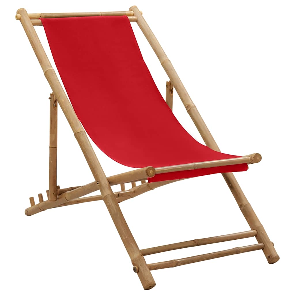Ligstoel bamboe en canvas rood – afbeelding 1