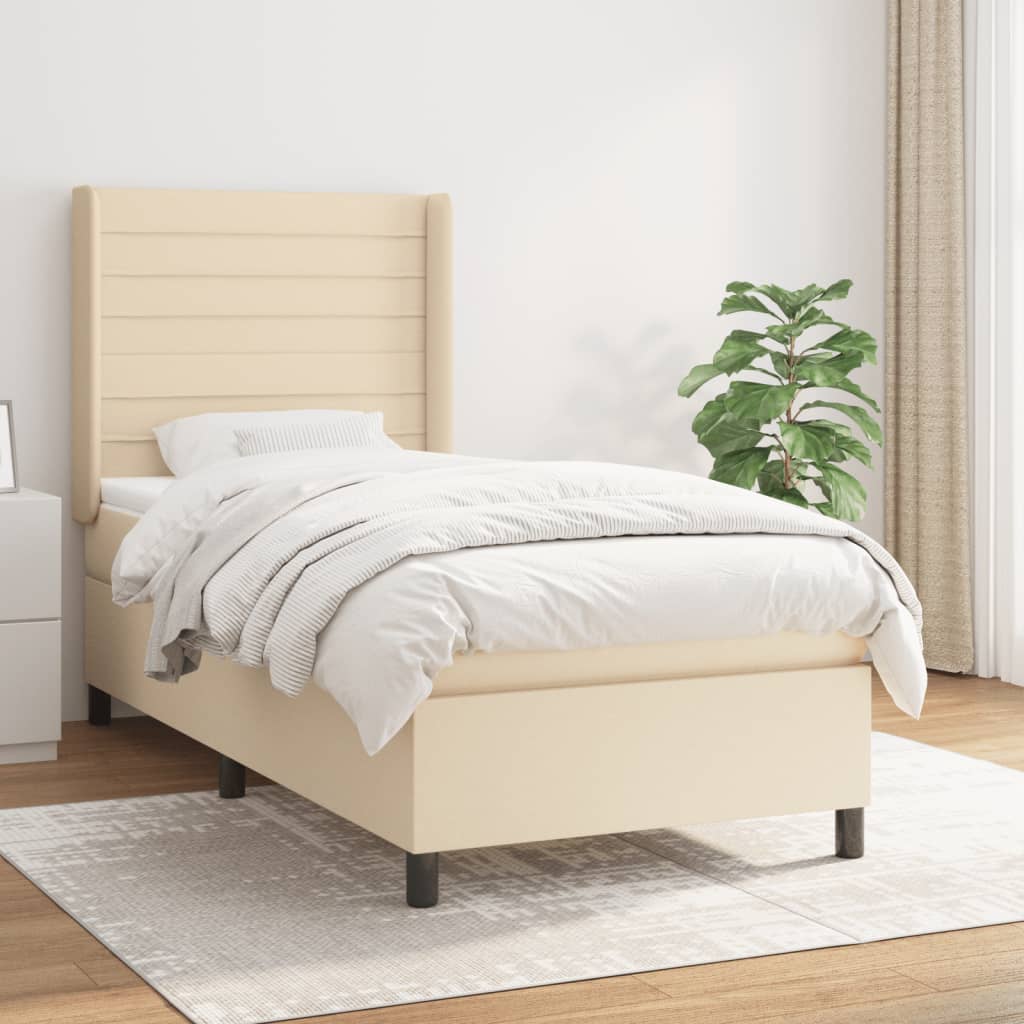 Boxspring met matras stof crèmekleurig 90x200 cm – afbeelding 1