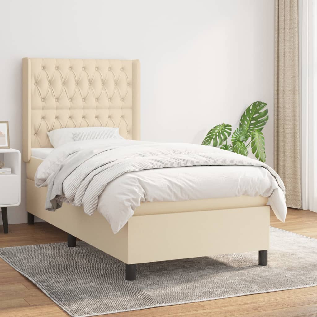 Boxspring met matras stof crèmekleurig 90x200 cm – afbeelding 1