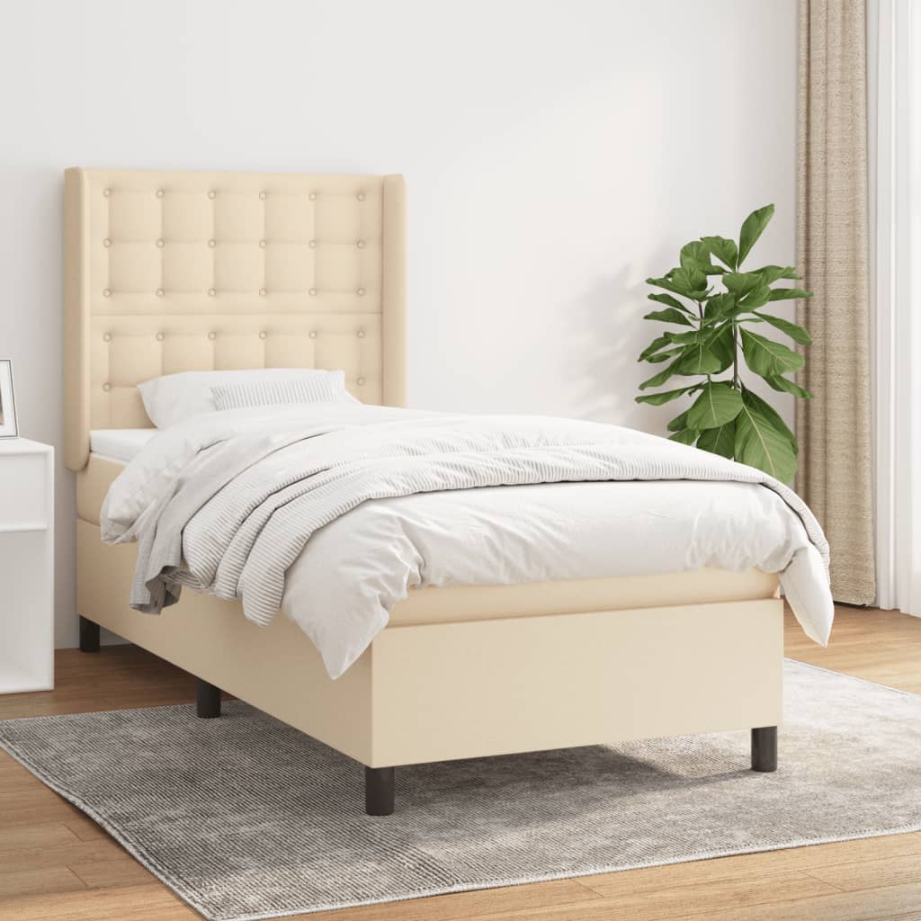Boxspring met matras stof crèmekleurig 90x200 cm – afbeelding 1