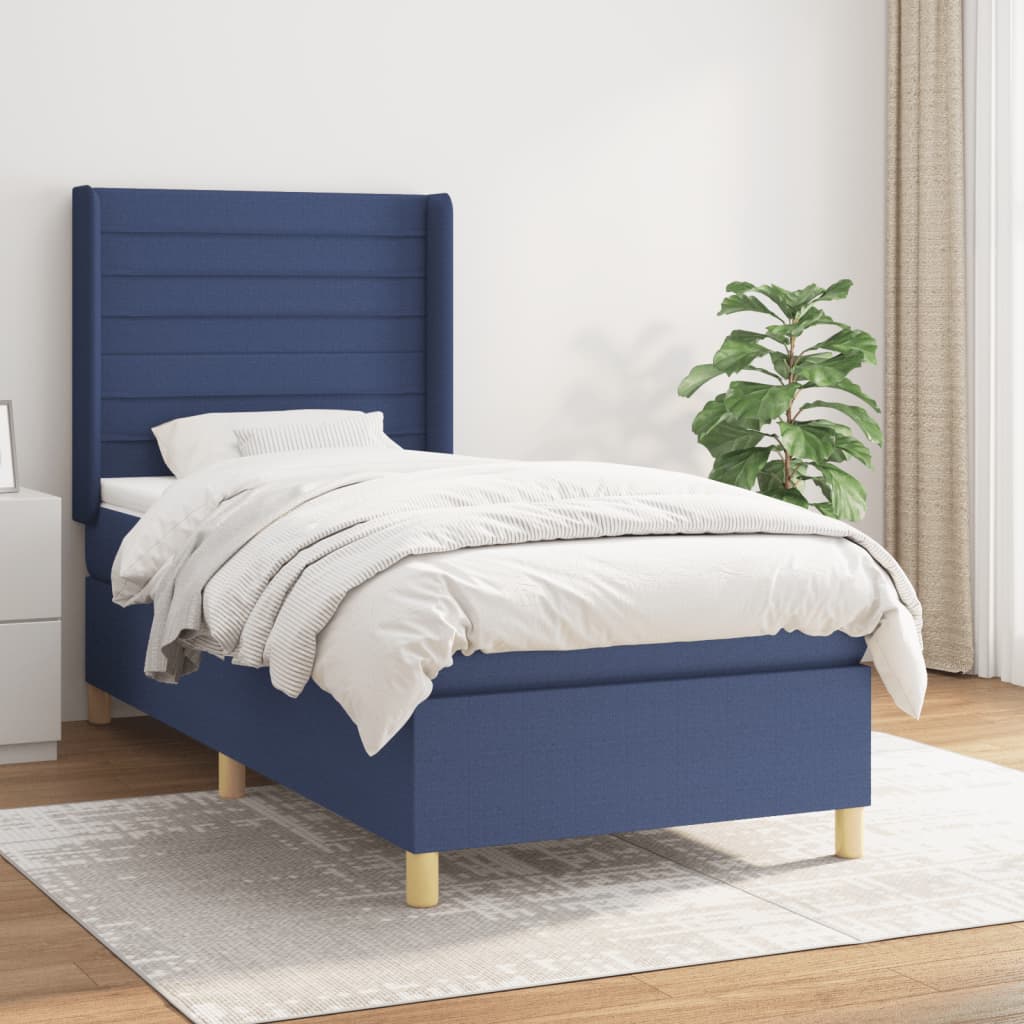 Boxspring met matras stof blauw 90x200 cm – afbeelding 1