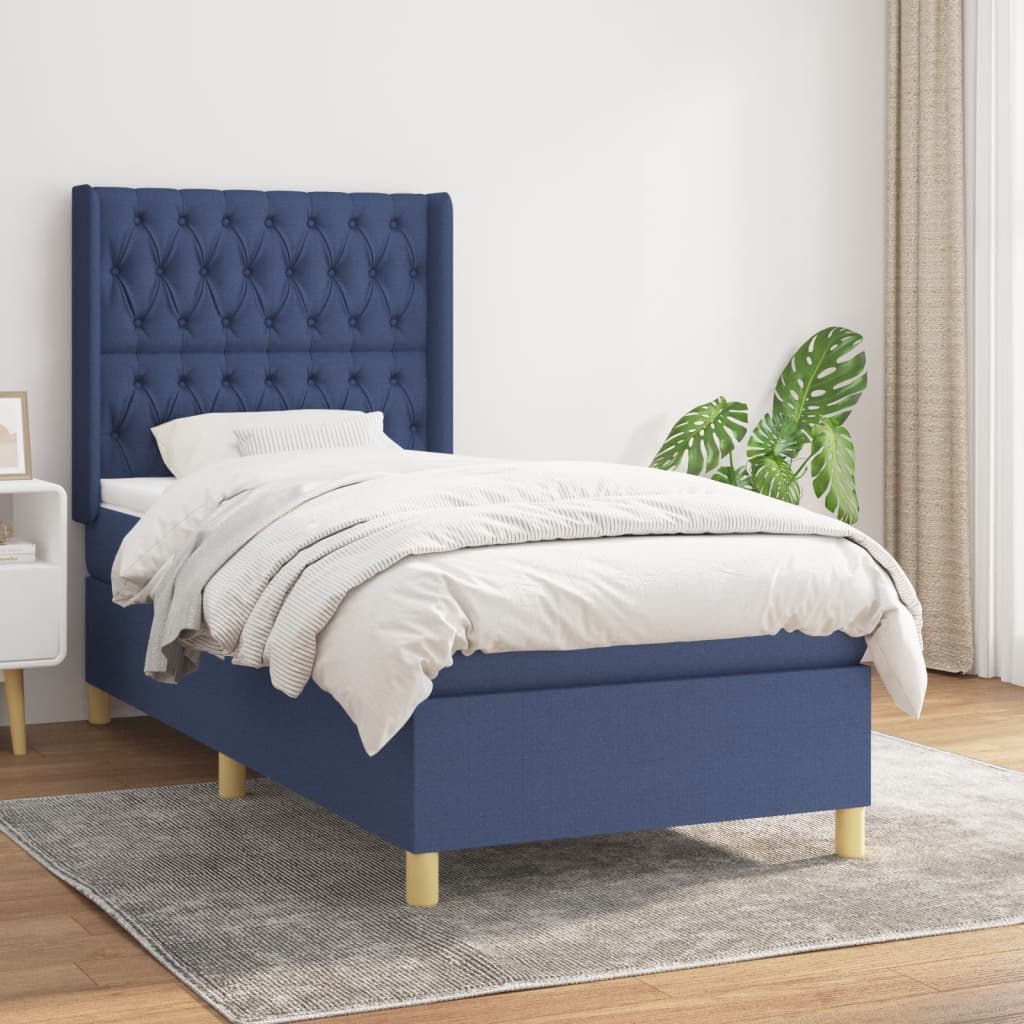 Boxspring met matras stof blauw 90x200 cm – afbeelding 1