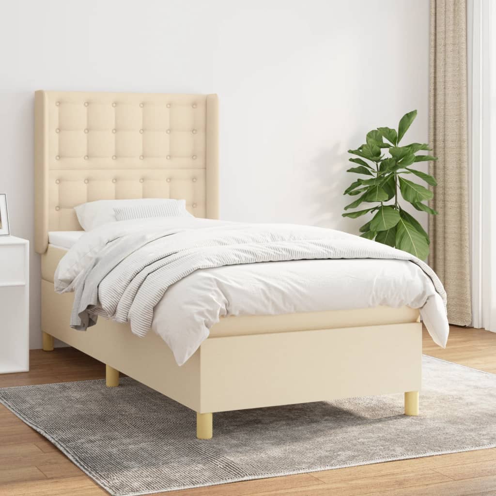 Boxspring met matras stof crèmekleurig 90x200 cm – afbeelding 1
