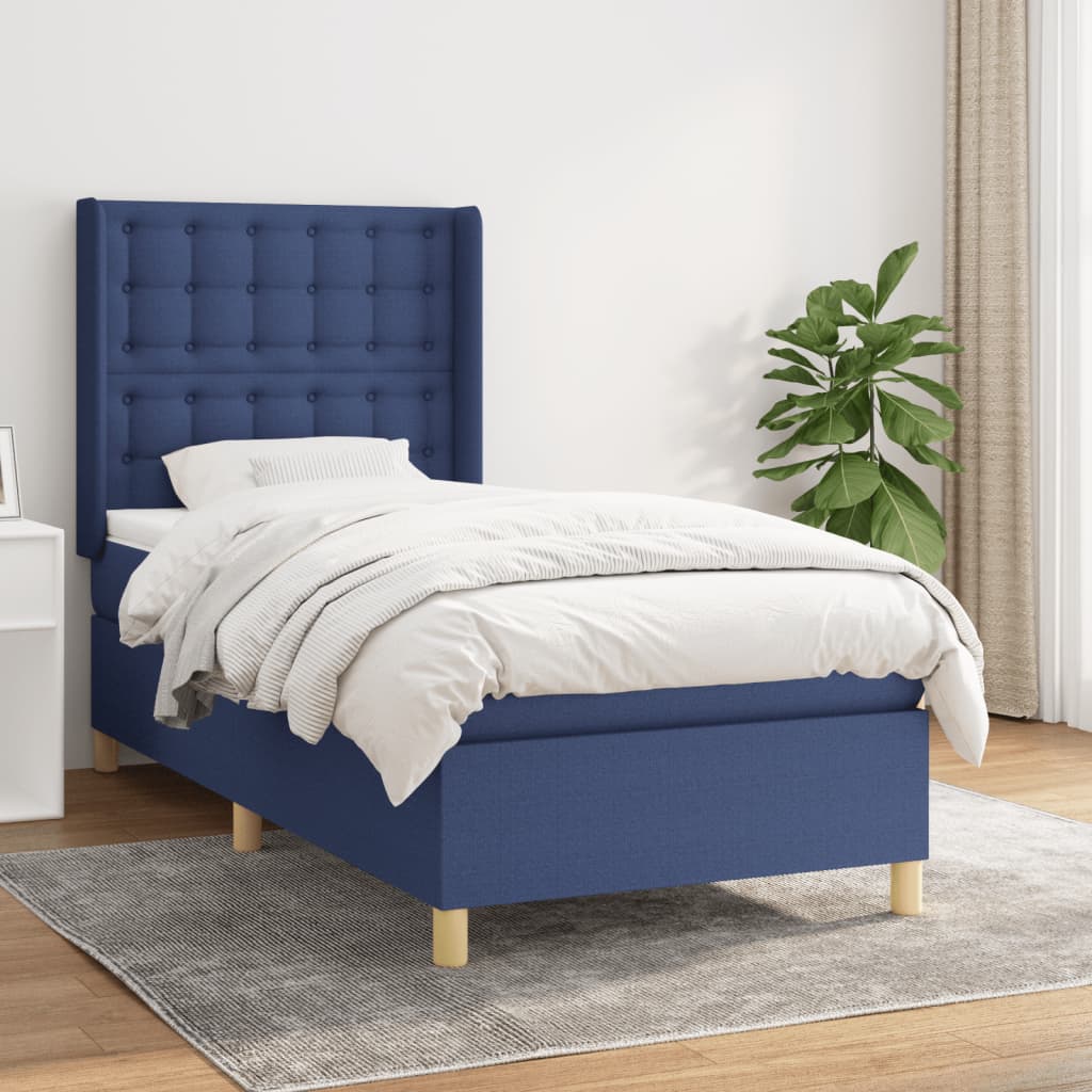 Boxspring met matras stof blauw 90x200 cm – afbeelding 1