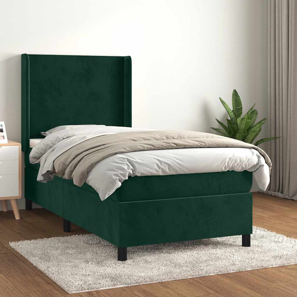 Boxspring met matras fluweel donkergroen 90x200 cm – afbeelding 1