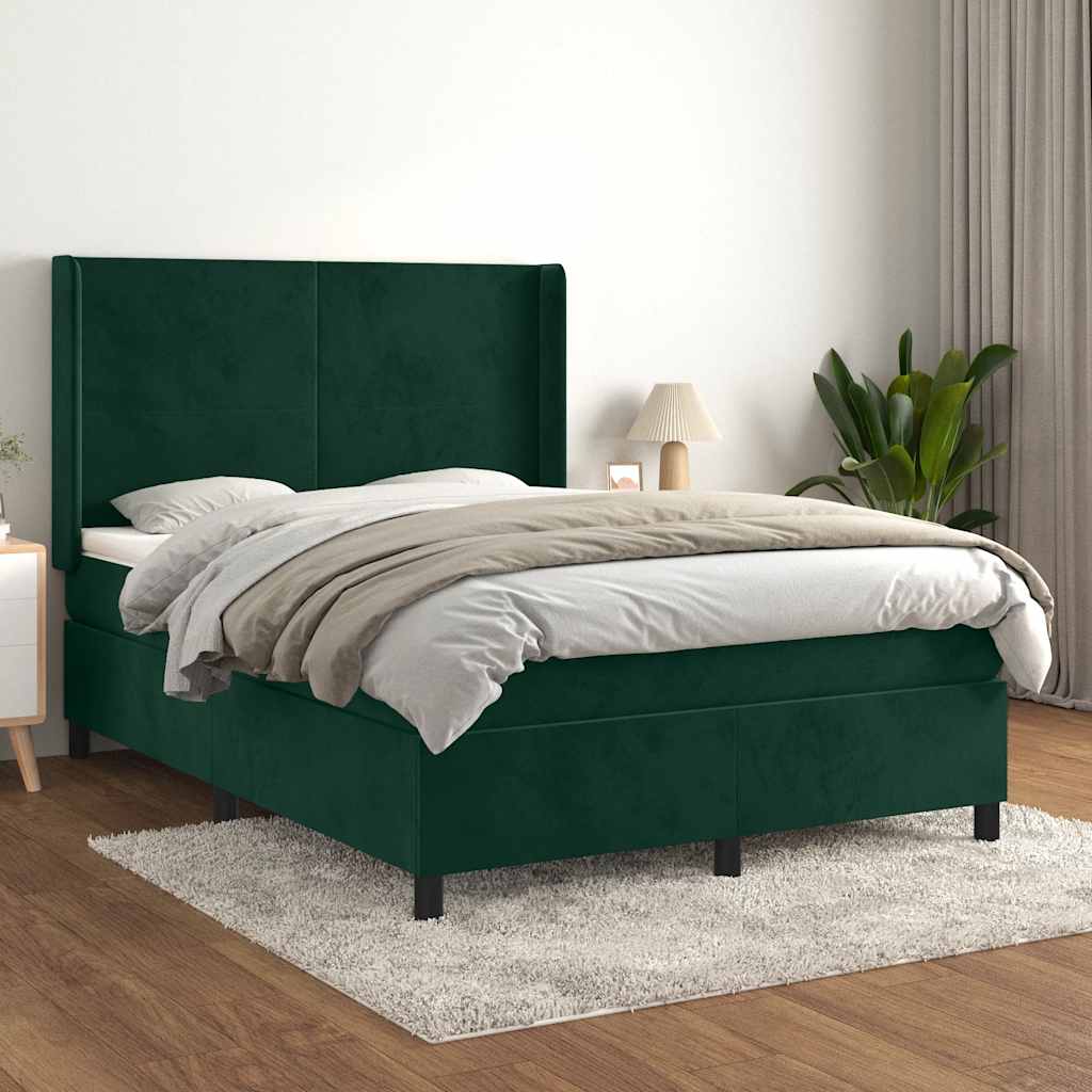 Boxspring met matras fluweel donkergroen 140x190 cm – afbeelding 1