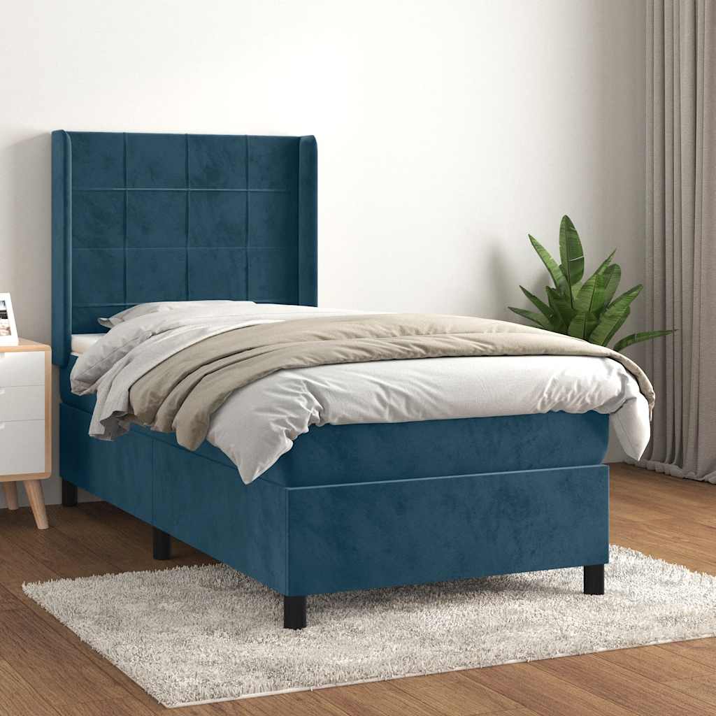 Boxspring met matras fluweel donkerblauw 90x190 cm – afbeelding 1