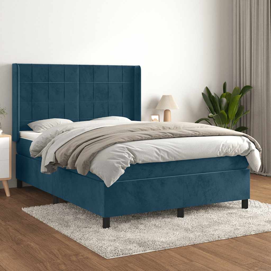 Boxspring met matras fluweel donkerblauw 140x200 cm – afbeelding 1